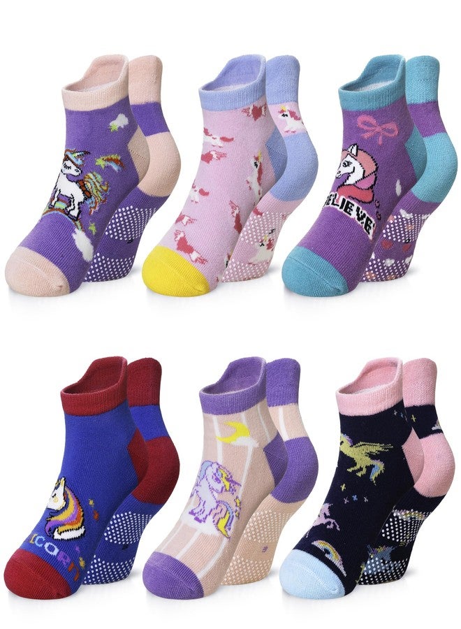 Eyean Kids Ankle Cotton Socks Cute Animal Pattern Soft Non Slip Boys Girls No Show Socks 6 Pairs (Non Slip-Unicorn, 6-8 Years) - Image 1